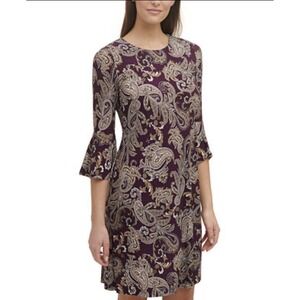 Tommy Hilfiger Dress Women 12 Burgundy Scrolling Paisley Print Bell Sleeve NEW